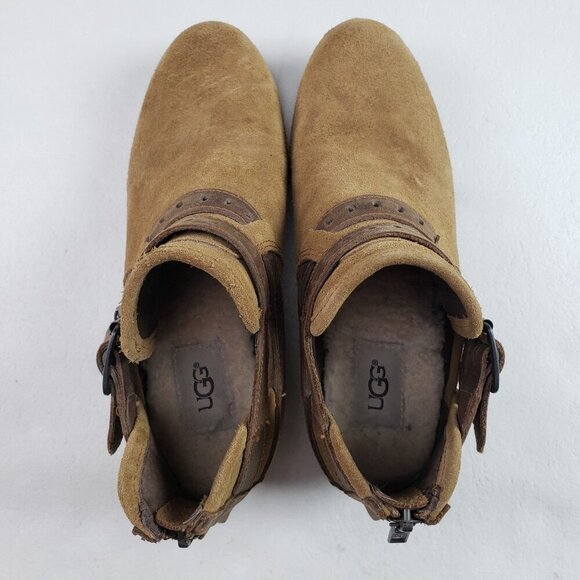 Ugg Patsy Ankle Boot Womens 7 Chesnut Suede Shearling Lined Boho Moto Buckle Zip - Picture 11 of 15
